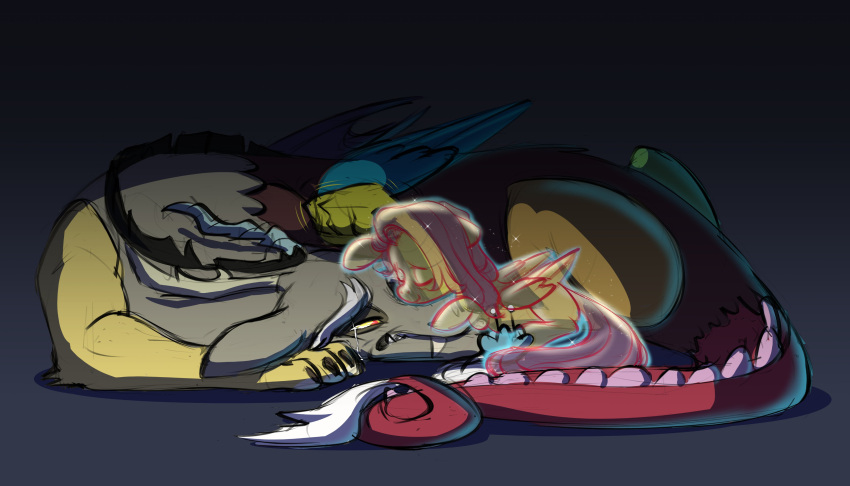 absurd_res antlers bodily_fluids chimera chub-wub discord_(mlp) doodle-mark doodlemark draconequus equid equine fluttershy_(mlp) friendship_is_magic ghost hasbro hi_res horn lying mammal my_little_pony pegasus red_eyes spirit tears upset wings yellow_sclera