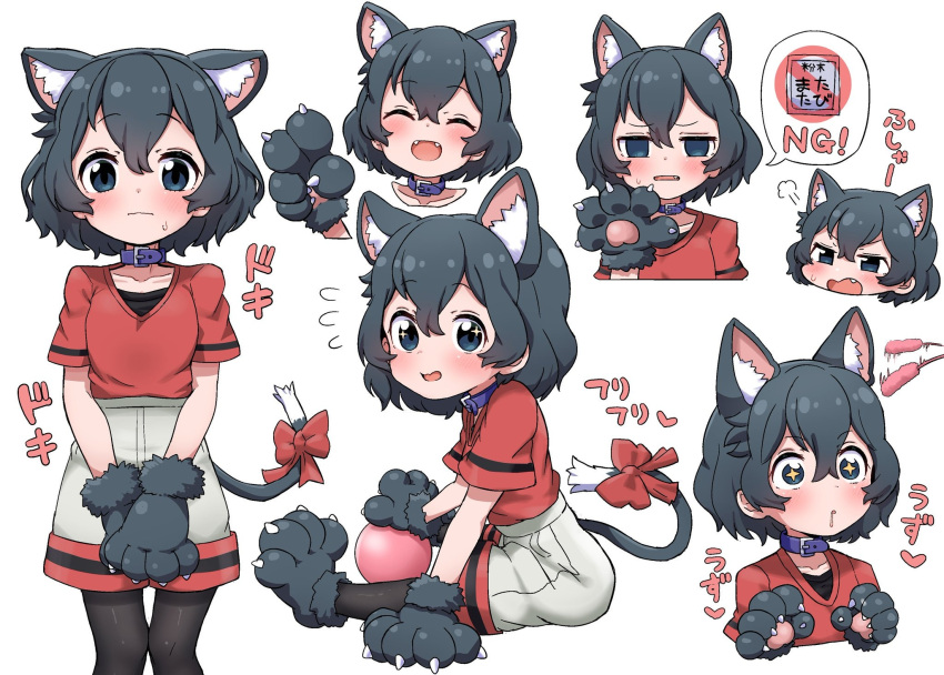 +_+ 1girl :d ^_^ animal_collar animal_ear_fluff animal_ears animal_hands ball bangs black_eyes black_gloves black_hair black_pantyhose blue_collar blush bow bowtie cat_ears cat_girl cat_tail cat_teaser closed_eyes collar drooling empty_eyes extra_ears fang fangs flying_sweatdrops frown fume gloves grey_shorts hands_on_lap highres kaban_(kemono_friends) kemono_friends kemonomimi_mode legwear_under_shorts looking_at_viewer multiple_views nekonyan_(inaba31415) no_headwear open_mouth pantyhose paw_gloves paw_shoes purple_collar red_bow red_bowtie red_shirt saliva shirt short_hair short_sleeves shorts sitting smile sparkling_eyes speech_bubble standing sweatdrop t-shirt tail tail_bow tail_ornament translated v_arms wavy_mouth