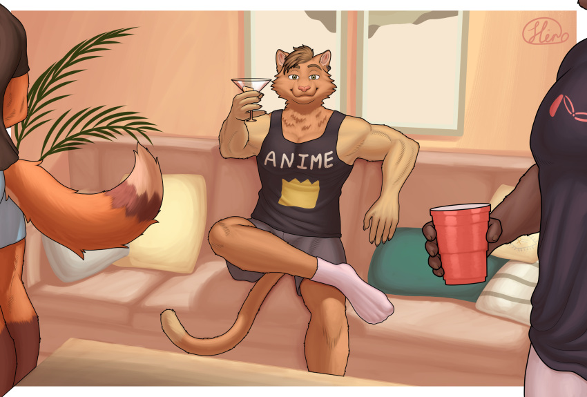 beverage birthday claws clothing drinking footwear furniture hair hank_(meesh) hi_res male matthew-x meesh meesh_(character) party socks sofa