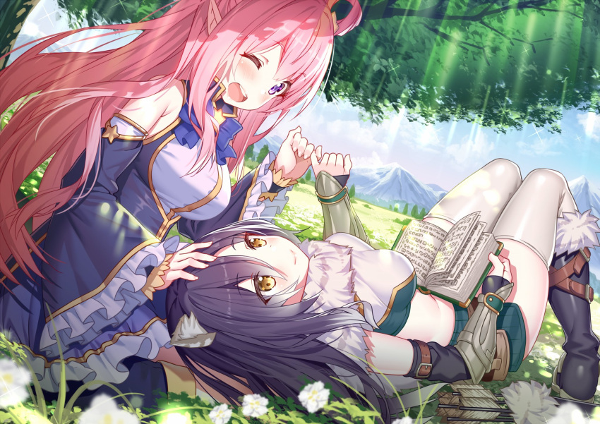 2girls akusema animal_ears arrow_(projectile) book boots bow bowtie breasts closed_mouth day detached_sleeves dress elf flower fur_collar grass hatsune_(princess_connect!) highres large_breasts lying medium_breasts mountainous_horizon multiple_girls on_back on_grass one_eye_closed open_mouth outdoors pinky_swear pointy_ears princess_connect! purple_dress quiver shiori_(princess_connect!) sitting sky smile thighhighs tiger_ears tiger_girl tree