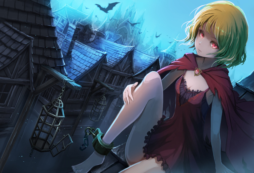 1girl bare_legs bat_(animal) blonde_hair breasts cape chain cleavage closed_mouth dress long_hair night original outdoors red_cape red_dress red_eyes rooftop shiny shiny_hair short_dress sitting sleeveless sleeveless_dress small_breasts solo straight_hair torn_cape torn_clothes ume_(illegal_bible)