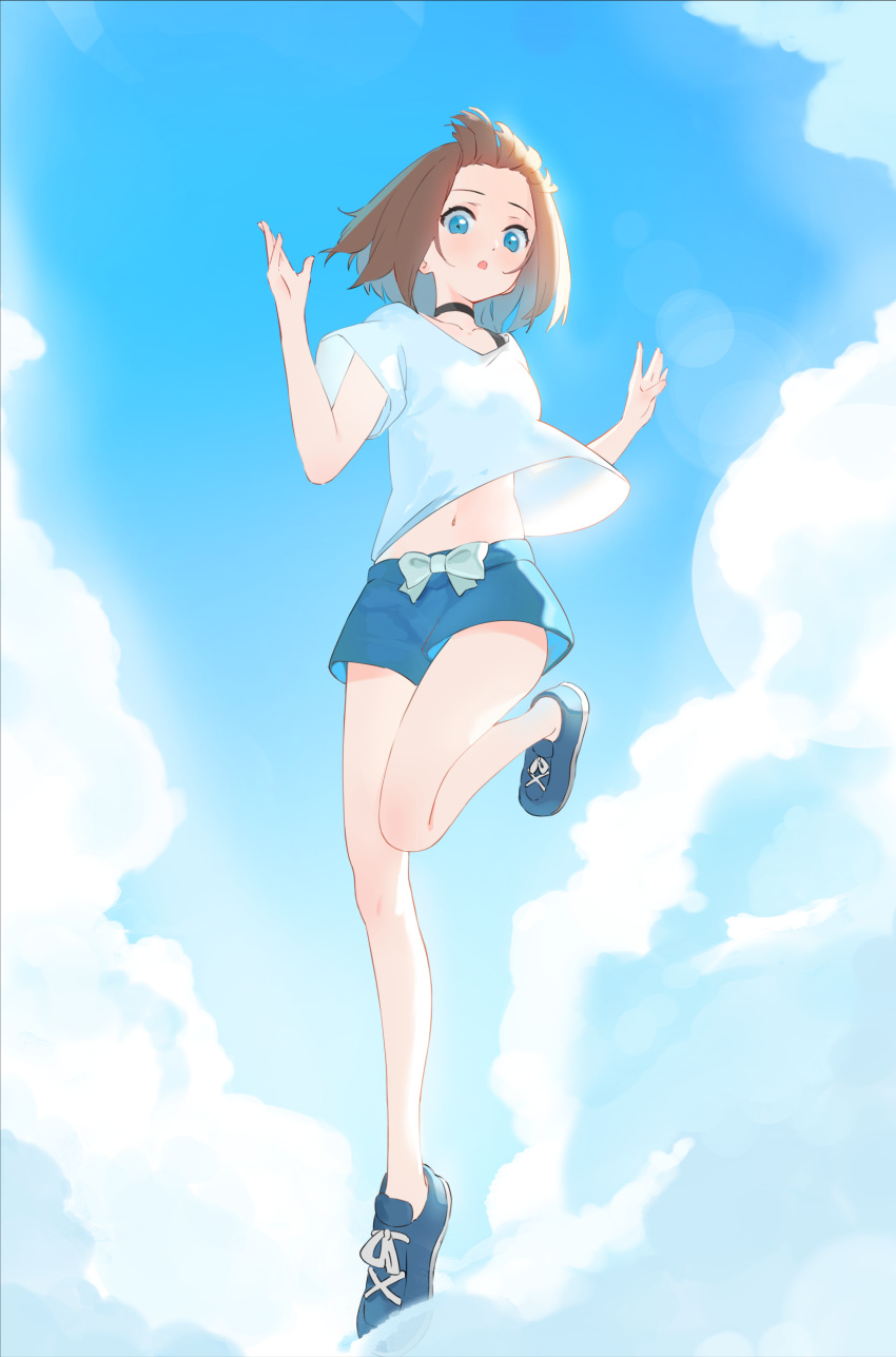 1girl :o absurdres aqua_eyes black_choker blue_footwear blue_shorts blush brown_hair choker cloud commentary_request cumulonimbus_cloud day fishofthelakes full_body highres leg_up legs looking_at_viewer navel original outdoors parted_lips shirt shoes short_hair short_shorts short_sleeves shorts sky sneakers solo white_shirt