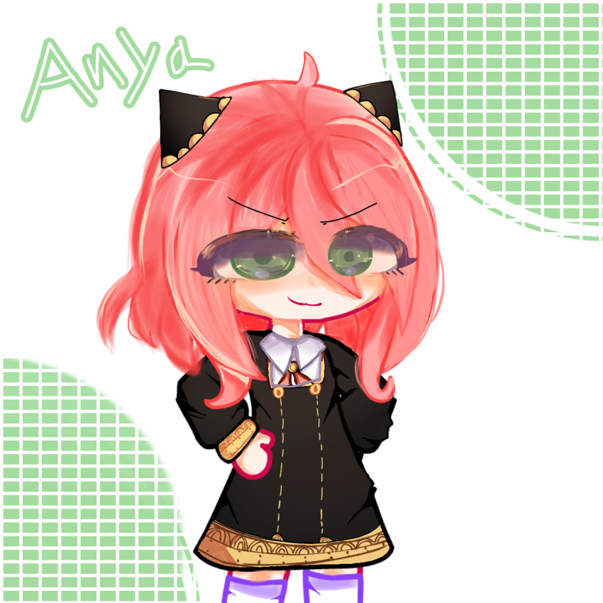 1girl ahoge anya_(spy_x_family) artist_request check_copyright collared_shirt copyright_request eden_academy_uniform female_child gacha_club green_eyes hairpods hand_on_hip highres ibispaint long_sleeves non-web_source pink_hair shirt short_hair smile solo source_request spy_x_family