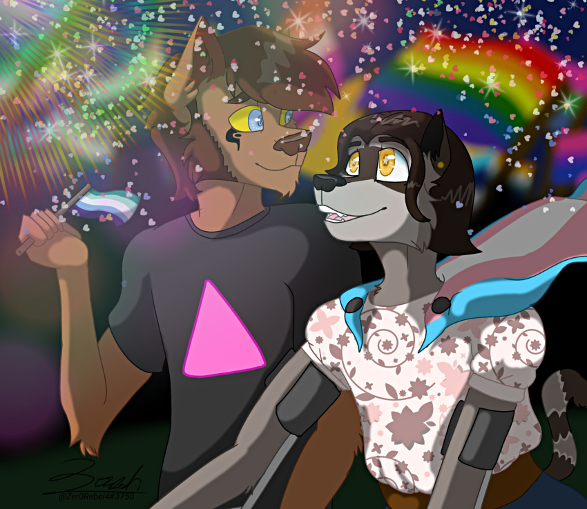 &lt;3 2022 absurd_res anthro aroace_pride_colors bisexual_pride_colors blue_eyes bottomwear brown_body brown_fur brown_hair brown_markings canid canine canis cape cheek_tuft chin_tuft clothed clothing crowd crutch detailed digital_drawing_(artwork) digital_media_(artwork) disability dress duo ear_piercing ear_ring facial_hair facial_tuft female fur gay_male_pride_colors genderqueer_pride_colors glitter grey_body grey_fur group hair happy hi_res holding_object intersex_pride_colors lesbian_pride_colors lgbt_history_month lgbt_pride looking_at_another looking_up male mammal markings medical_instrument nonbinary_pride_colors omnisexual_pride_colors piercing pink_triangle polysexual_pride_colors pride_color_cape pride_color_clothing pride_color_flag pride_colors procyonid raccoon rainbow_flag rainbow_pride_flag rainbow_symbol raised_tail ring_piercing scientific_instrument shaded shirt skirt smile star_eyes t-shirt tan_body tan_fur thomas_ii_(zer0rebel4) topwear trans_(lore) trans_woman_(lore) transgender_pride_colors tuft vincian_pride_colors were werecanid werecanine werewolf wolf yellow_eyes yellow_sclera zer0rebel4