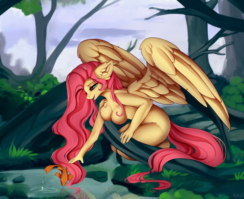 2022 absurd_res anthro breasts detailed_background digital_media_(artwork) equid equine eyebrows female fingers fish fluttershy_(mlp) friendship_is_magic hasbro hi_res mammal marine my_little_pony nude outside pegasus plant reflection ritter tree water wings