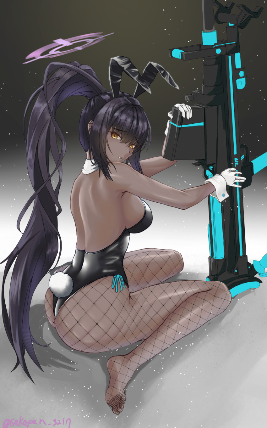 1girl animal_ears ass black_hair black_leotard blue_archive boys_anti_tank_rifle breasts commentary_request dark-skinned_female dark_skin detached_collar fake_animal_ears fishnets from_side gloves gun hair_between_eyes high_ponytail highres holding holding_gun holding_weapon karin_(blue_archive) large_breasts leotard long_hair looking_at_viewer no_shoes playboy_bunny sakapan seiza sideboob sitting solo twitter_username weapon white_gloves wrist_cuffs yellow_eyes