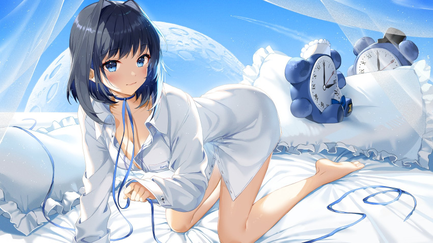 1girl all_fours bare_legs barefoot black_hair blue_choker blue_eyes breasts choker cleavage clock closed_mouth collared_shirt hair_intakes highres hololive hololive_english long_sleeves looking_at_viewer medium_breasts naked_shirt ouro_kronii partially_unbuttoned pillow ribbon_choker satchely shirt short_hair smile solo thighs virtual_youtuber white_shirt