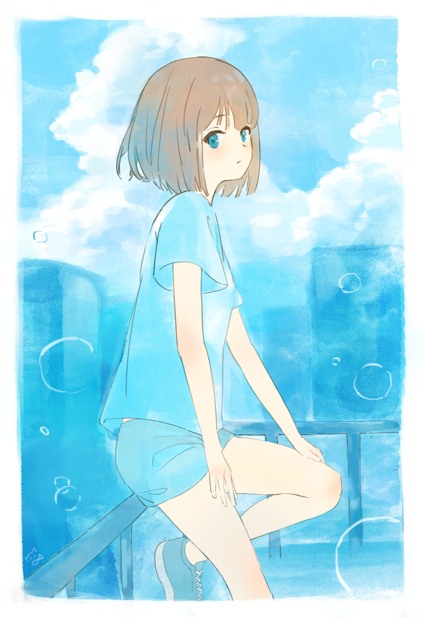 1girl aqua_eyes aqua_footwear aqua_shirt aqua_shorts bangs border brown_hair closed_mouth cloud commentary_request cumulonimbus_cloud fishofthelakes highres looking_at_viewer original railing shirt shoes short_hair short_sleeves shorts sneakers solo summer white_border