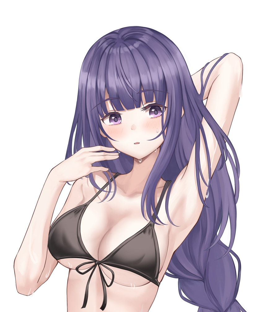 1girl absurdres armpits arms_up bare_arms bare_shoulders bikini black_bikini braid breasts cleavage collarbone front-tie_bikini front-tie_top genshin_impact hand_up highres large_breasts long_hair looking_at_viewer muyang parted_lips purple_eyes purple_hair raiden_shogun single_braid solo string_bikini swimsuit upper_body wet