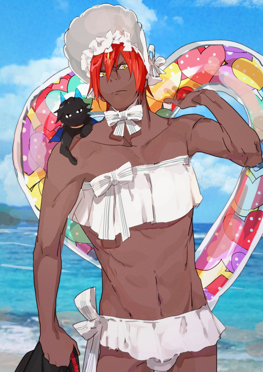 1boy abigail_williams_(fate) abigail_williams_(swimsuit_foreigner)_(fate) abigail_williams_(swimsuit_foreigner)_(fate)_(cosplay) animal_on_shoulder animalization arjuna_(fate) arjuna_alter_(fate) ashwatthama_(fate) bikini black_cat bow cat cat_on_shoulder cosplay dark-skinned_male dark_skin fate/grand_order fate_(series) hat highres innertube koroponsu3 male_focus ocean red_hair swimsuit white_bikini yellow_eyes