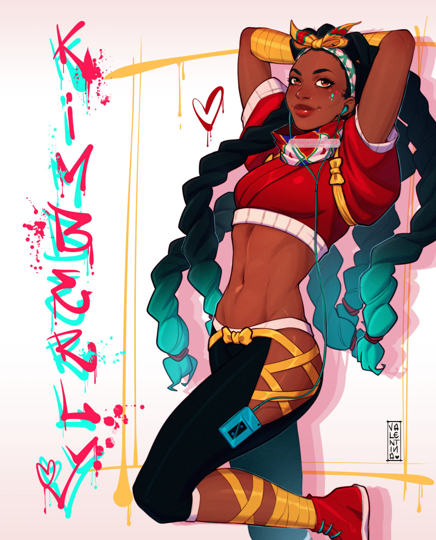 1girl abs absurdres against_wall aqua_hair arm_wrap arms_behind_head arms_up black_pants bow_hairband breasts brown_eyes brown_lips cable capri_pants character_name colored_tips dark_skin earbuds earphones english_commentary facial_mark forehead graffiti groin hairband highres hip_vent kimberly_(street_fighter) leg_up leg_wrap linea_alba listening_to_music long_hair lowleg lowleg_pants midriff multicolored_hair navel nose pants quad_braids red_footwear scarf shoes small_breasts sneakers solo street_fighter street_fighter_6 toned two-tone_hair valentina_tavolilla very_dark_skin very_long_hair walkman