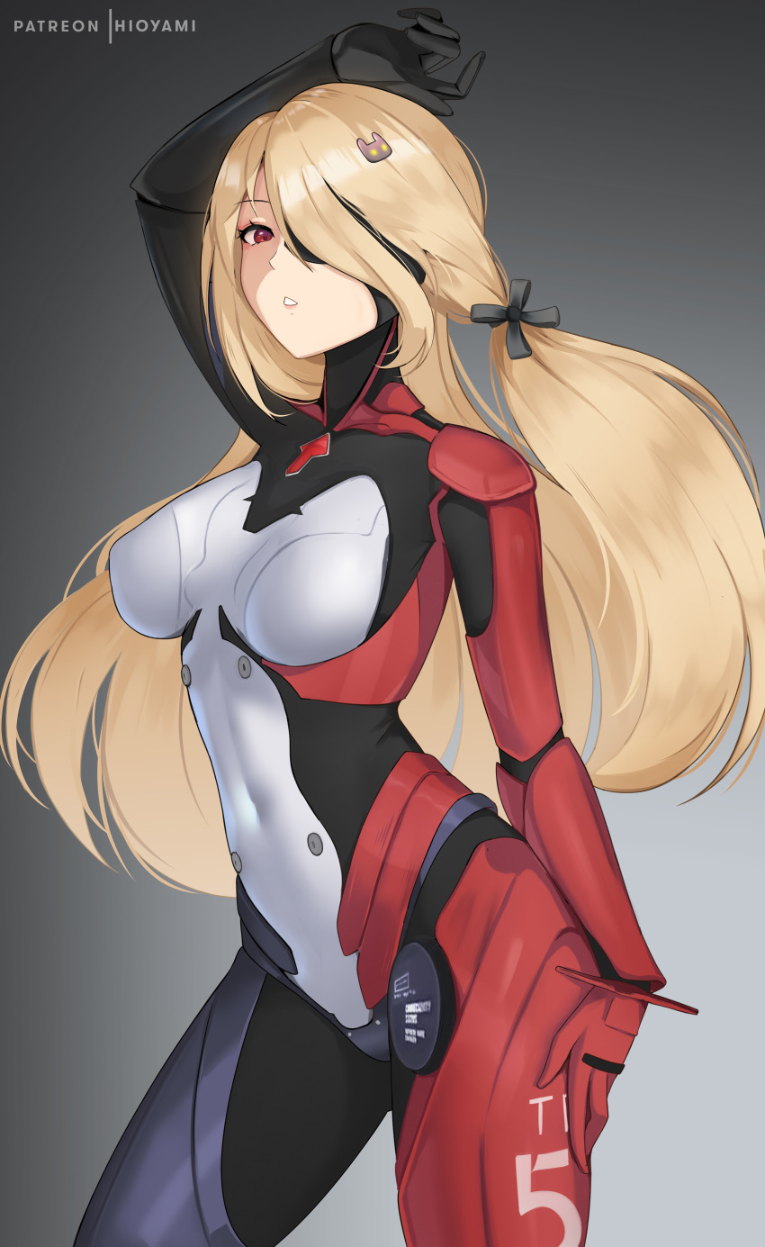1girl absurdres arm_up blonde_hair bodysuit covered_navel cowboy_shot gradient gradient_background grey_background highres hioyami long_hair looking_at_viewer nemesis parted_lips red_eyes simple_background solo tower_of_fantasy