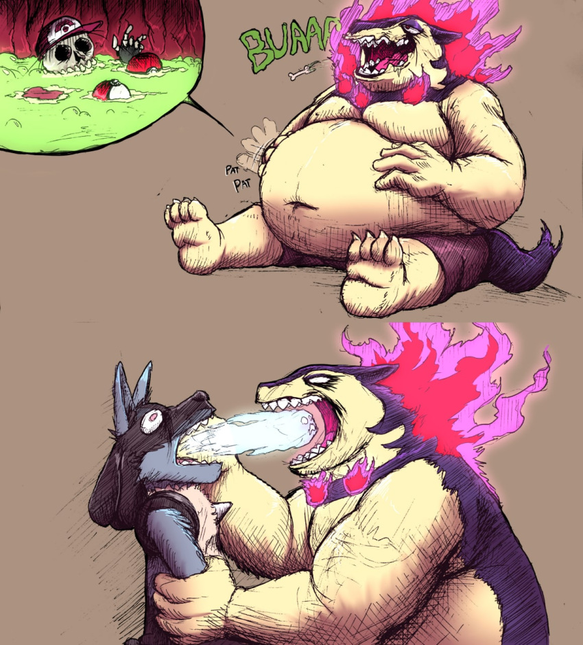 anthro belly big_belly bodily_fluids bone bones_in_stomach burping burping_up_bones burping_up_object chopangigante hand_on_stomach hi_res hisuian_form hisuian_typhlosion internal lucario male nintendo open_mouth organs overweight pok&eacute;mon pok&eacute;mon_(species) regional_form_(pok&eacute;mon) soul_vore stomach stomach_acid typhlosion video_games vore