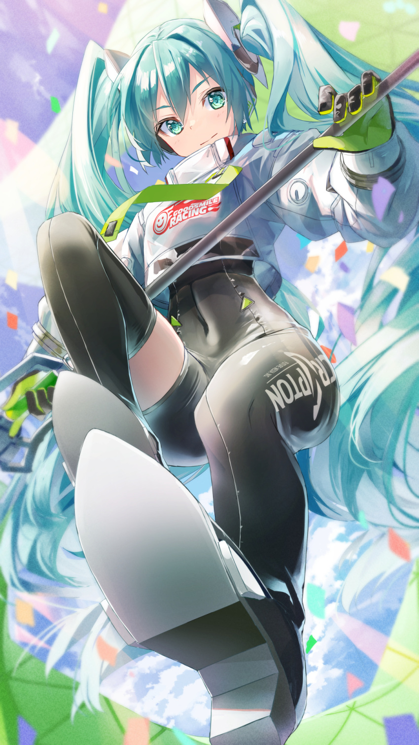 1girl aqua_eyes aqua_hair asymmetrical_bodysuit bangs black_bodysuit black_gloves blurry blurry_background bodysuit boots closed_mouth clothes_writing commentary_request confetti cropped_jacket daidou_(demitasse) from_below full_body gloves goodsmile_racing green_gloves hair_between_eyes hair_ornament hatsune_miku highres holding holding_pole jacket knee_up long_hair long_sleeves looking_at_viewer pole puffy_sleeves race_queen racing_miku racing_miku_(2022) single_thigh_boot smiley_face solo thigh_boots twintails two-tone_gloves very_long_hair vocaloid white_jacket