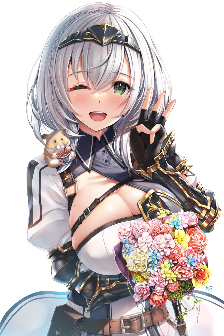 1girl ;d absurdres animal_on_shoulder arm_guards bangs belt black_gloves blue_flower blush bouquet braid breasts brown_belt cleavage collared_dress dress fingerless_gloves flower gloves green_eyes grey_hair hair_between_eyes hamster hamster_on_shoulder hand_up highres holding holding_bouquet hololive kamishiro_mai_(capti-no) large_breasts looking_at_viewer medium_hair mole mole_on_breast one_eye_closed pink_flower pop_(shirogane_noel) red_flower shirogane_noel smile solo upper_body virtual_youtuber w white_dress