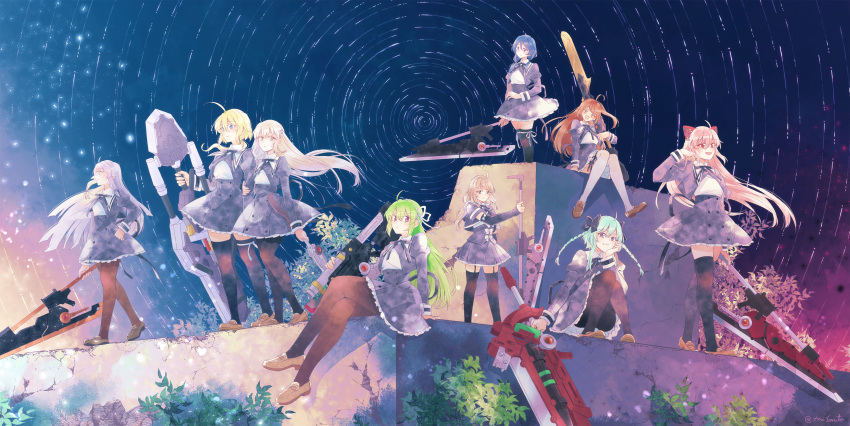 6+girls :/ :d absurdres ahoge amano_soraha aqua_eyes arm_at_side arm_hug assault_lily bangs banshouya_ena black_bow black_pantyhose black_ribbon black_skirt black_thighhighs blonde_hair blue_eyes blue_hair bow bow_hairband braid bright_pupils brown_footwear brown_hair brown_pantyhose bush closed_mouth commentary_request corset cropped_jacket crossed_legs detached_sleeves egawa_kusumi endou_araya fang fang_out fingernails floating_hair flower frilled_skirt frills frown garter_straps green_hair grey_hair hair_between_eyes hair_bow hair_flip hair_flower hair_ornament hair_over_shoulder hair_ribbon hairband hairclip hairpods hand_on_hip hand_on_own_cheek hand_on_own_chin hand_on_own_face hand_up head_rest high-waist_skirt highres holding holding_polearm holding_weapon hood hood_down huge_weapon jewelry juliet_sleeves kanabako_misora knees_together_feet_apart leg_ribbon light_particles light_smile loafers long_hair long_sleeves looking_at_viewer looking_away low_ponytail low_twintails miniskirt mori_tatsuki multiple_girls neck_ribbon night night_sky object_hug one_side_up open_mouth outdoors outstretched_arm pantyhose pink_hair plant pleated_skirt polearm ponytail profile puffy_sleeves purple_eyes purple_hair red_eyes ribbon ring ruins school_uniform shirt shoes short_sleeves side-by-side side_braids sidelocks sitting skirt sky sleeves_past_wrists smile smirk sorato_(astllatte) squatting standing star_(sky) takasuga_tsukushi tanaka_ichi teeth thigh_ribbon thighhighs tress_ribbon twin_braids twintails twitter_username underbust underwear upper_teeth v-shaped_eyebrows very_long_hair watanabe_akane weapon white_hairband white_pupils white_ribbon white_shirt white_thighhighs yellow_eyes yuri yurigaoka_girls_academy_school_uniform zettai_ryouiki