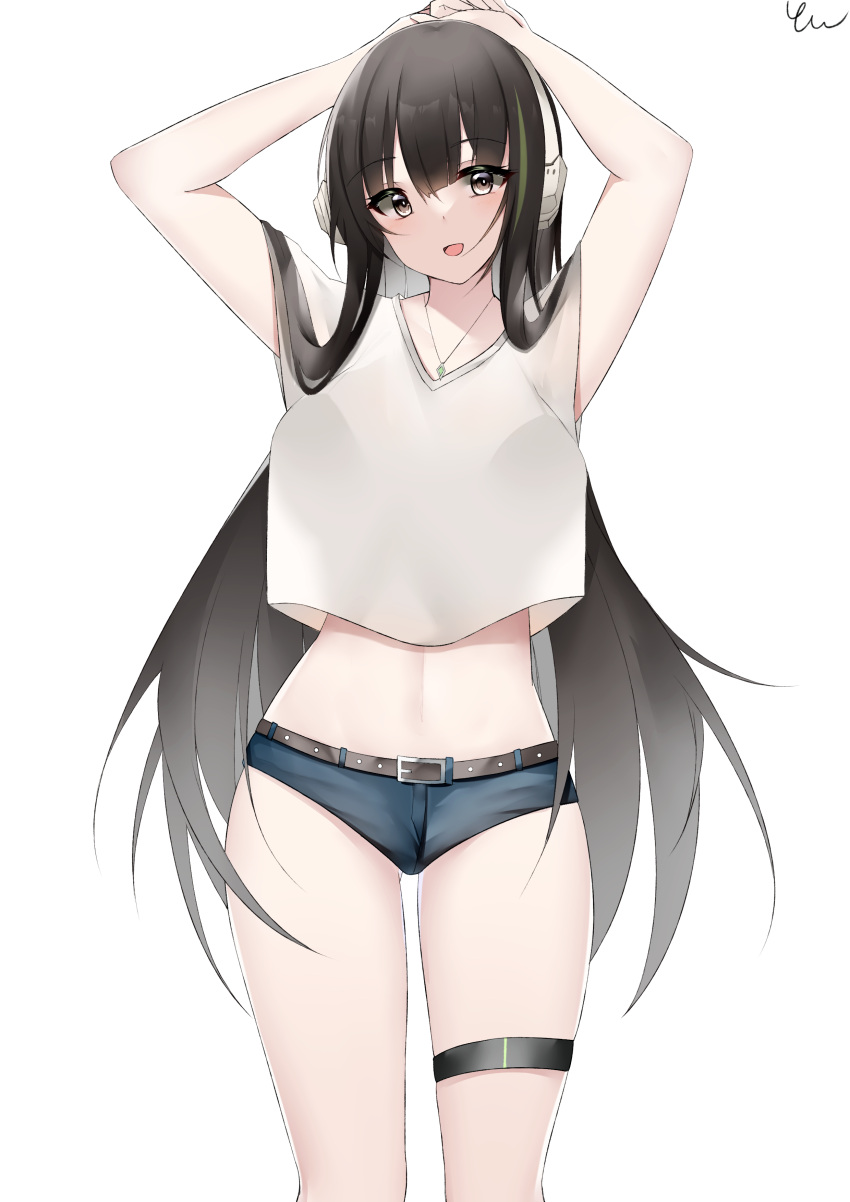 1girl absurdres alternate_costume arms_up black_eyes black_hair casual cowboy_shot crop_top crop_top_overhang denim denim_shorts girls'_frontline green_hair headgear highres jewelry long_hair m4a1_(girls'_frontline) midriff multicolored_hair necklace short_shorts shorts standing streaked_hair thigh_strap white_background yanwulazy