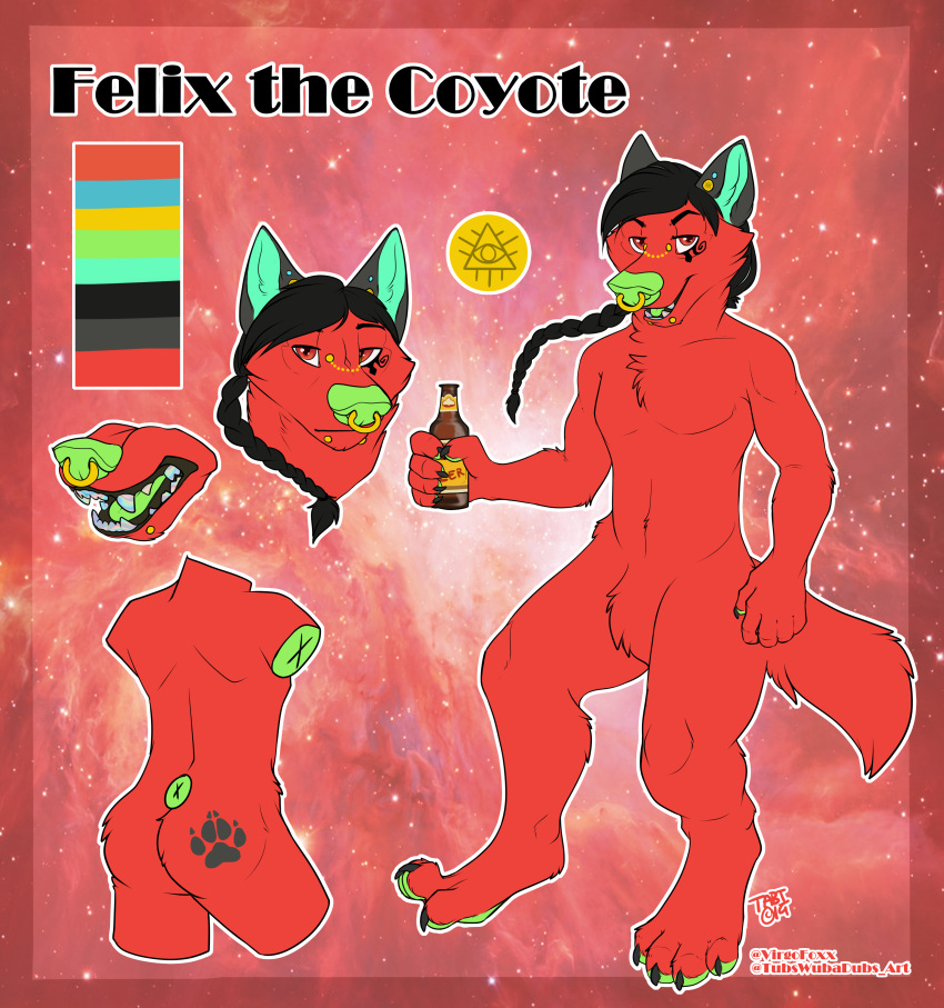 absurd_res alcohol anthro beverage braided_hair canid canine canis coyote facial_piercing felixtehcoyote fur green_paws hair hi_res looking_at_viewer male mammal model_sheet nose_piercing piercing red_body red_fur reference_image solo tubswubadubs_art virgofoxx