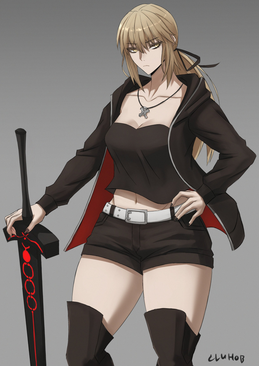 1girl absurdres alternate_costume artist_name artoria_pendragon_(fate) belt belt_buckle blonde_hair breasts buckle cleavage cluhob collarbone excalibur_morgan_(fate) eyebrows_hidden_by_hair fate/grand_order fate_(series) gradient gradient_background hair_ribbon highres holding holding_sword holding_weapon jacket looking_to_the_side midriff navel necktie official_alternate_costume open_clothes open_jacket ponytail ribbon saber_alter saber_alter_(ver._shinjuku_1999)_(fate) short_shorts shorts signature simple_background solo stomach sword thighhighs upper_body weapon white_belt yellow_eyes zettai_ryouiki