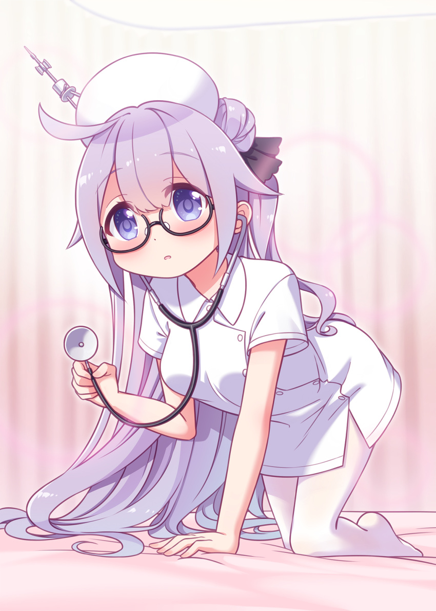 1girl all_fours azur_lane bespectacled black-framed_eyewear black_ribbon blush breasts commentary_request glasses hair_bun hair_ribbon harada_(sansei_rain) hat highres long_hair medium_breasts no_shoes nurse nurse_cap one_side_up pantyhose parted_lips purple_eyes purple_hair ribbon semi-rimless_eyewear short_sleeves single_side_bun solo stethoscope under-rim_eyewear unicorn_(azur_lane) very_long_hair white_pantyhose