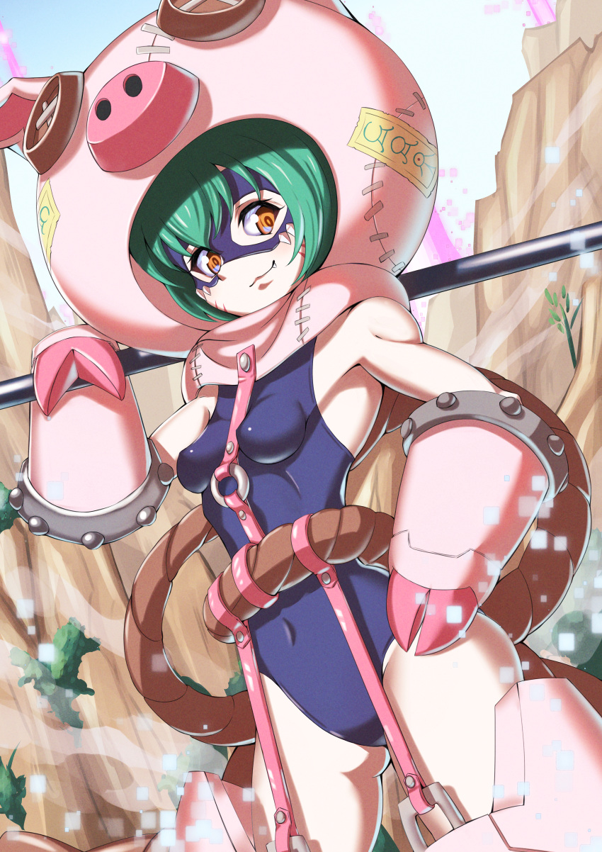 1girl absurdres animal_costume armored_boots bangs bare_shoulders blue_sky blue_swimsuit boots breasts cho-hakkaimon closed_mouth commentary covered_navel cowboy_shot digimon digimon_(creature) digital_dissolve fang fang_out garter_straps gauntlets gloves green_hair groin hair_between_eyes hand_on_hip hand_up highres hill holding kotatsu_(nukunuku) looking_at_viewer mask o-ring orange_eyes over_shoulder pig_costume rope school_swimsuit short_hair sidelocks sky small_breasts smile solo standing swimsuit weapon weapon_over_shoulder