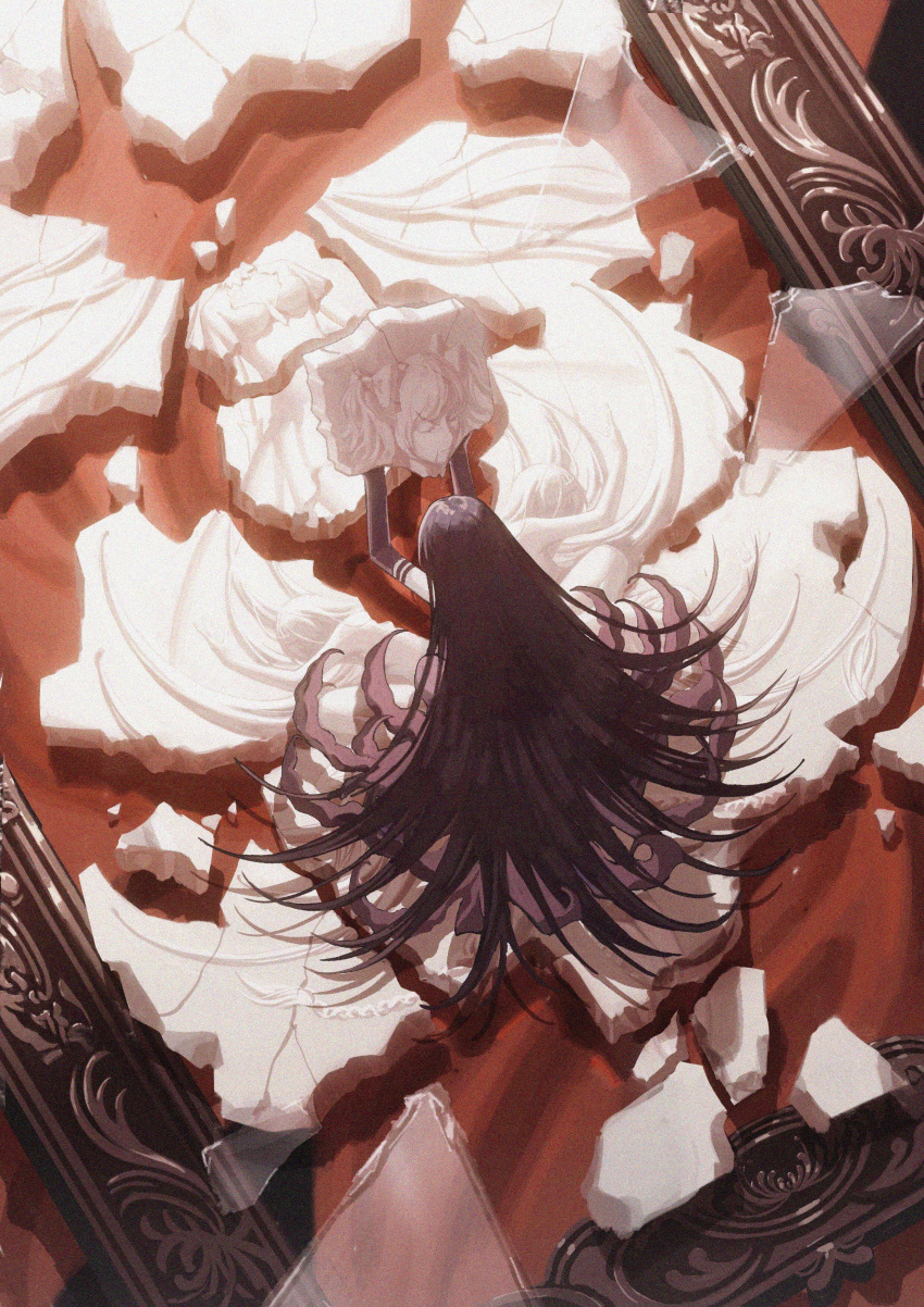 1girl absurdres akemi_homura akuma_homura arms_up black_gloves black_hair broken broken_glass chinese_commentary commentary_request crack dress dutch_angle elbow_gloves empty_picture_frame film_grain from_above full_body glass gloves highres holding kaname_madoka long_hair mahou_shoujo_madoka_magica mahou_shoujo_madoka_magica_movie picture_frame purple_dress red_background shards shattered sitting solo ultimate_madoka yayaziiii