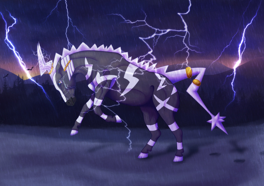 accessory blue_eyes dreadlocks electricity feral grey_body hair_accessory hair_tie hi_res hooves lightning male mane nintendo pok&eacute;mon pok&eacute;mon_(species) raining ruzestrika seiden stripes video_games zebstrika