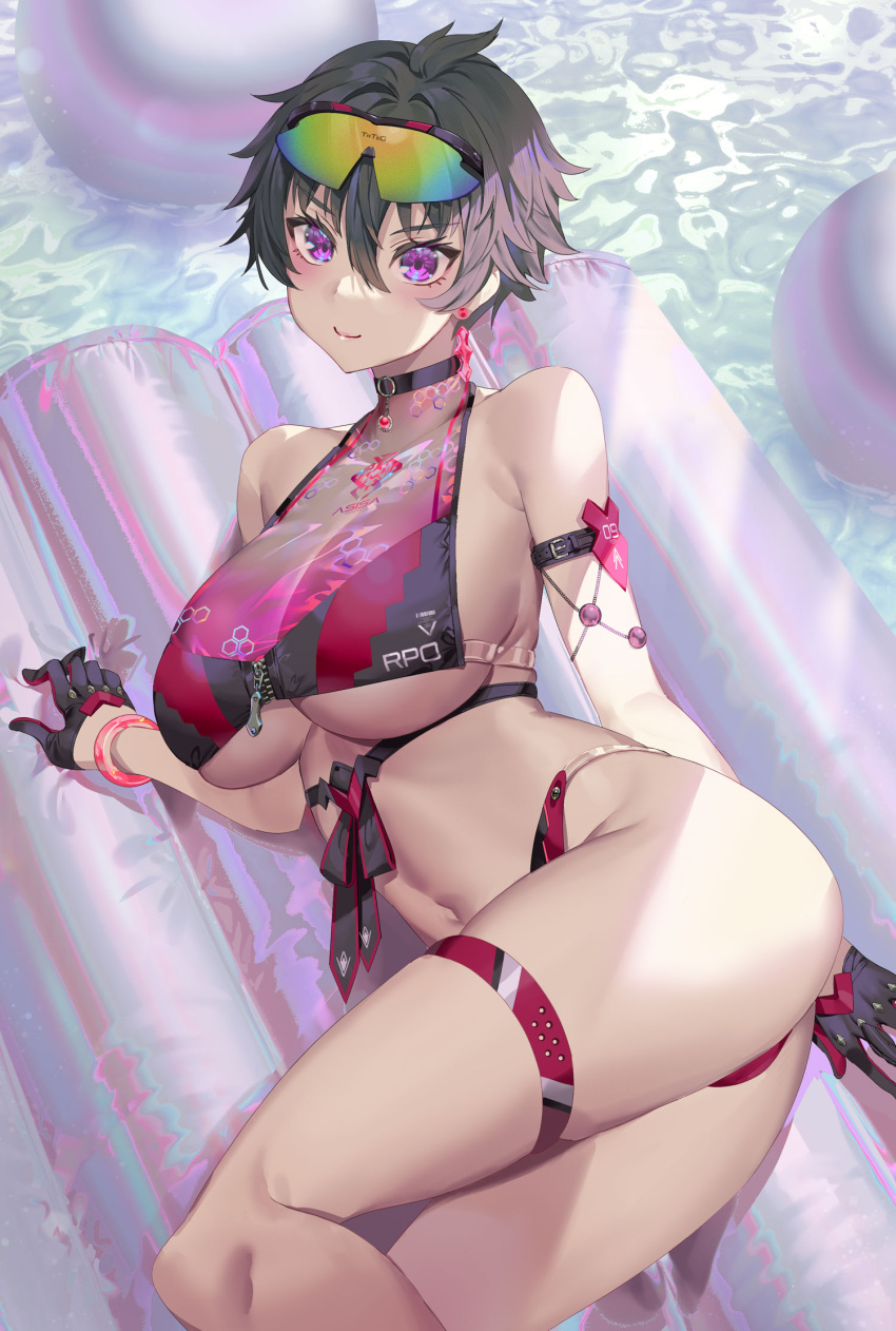 1girl ass bikini black_hair blush bracelet breasts choker cleavage covered_collarbone earrings eyewear_on_head gloves highres jewelry large_breasts lying navel on_side original purple_eyes short_hair smile swimsuit thigh_strap thighs underboob water yoshimoto_(dear_life) zipper