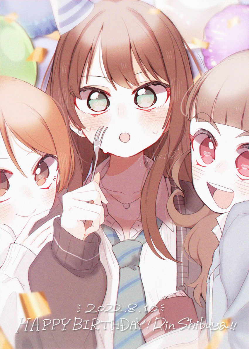 3girls :o bangs black_cardigan blunt_bangs blush brown_hair cake cake_slice cardigan character_name collarbone confetti dated food fork full-face_blush happy_birthday hat highres hojo_karen holding holding_fork idolmaster idolmaster_cinderella_girls kamiya_nao leaning_on_person looking_at_viewer loose_necktie multiple_girls necktie party_hat school_uniform shibuya_rin smile solo_focus suzugaeru sweat triad_primus_(idolmaster) upper_body