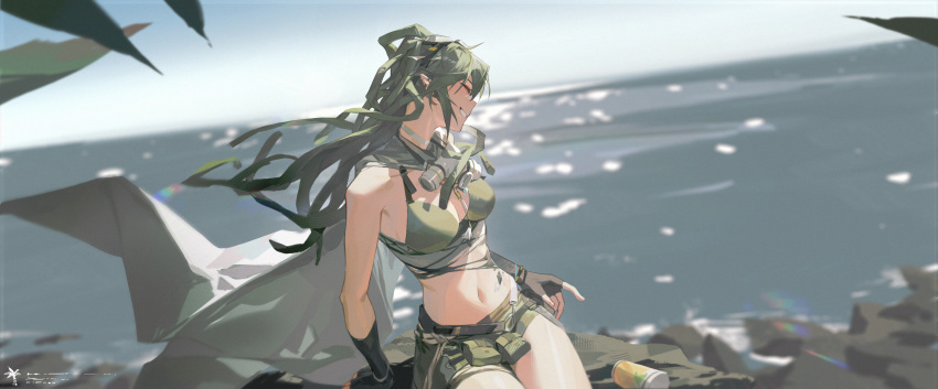 1girl absurdres alov arknights bikini black_gloves blue_sky breasts closed_eyes commentary cowboy_shot cup day fingerless_gloves gavial_(arknights) gavial_the_invincible_(arknights) gloves goggles goggles_on_head green_bikini green_hair green_shorts grin hair_between_eyes highres long_hair mask mask_around_neck medium_breasts midriff navel official_alternate_costume outdoors pointy_ears shorts sitting sky smile solo swimsuit water