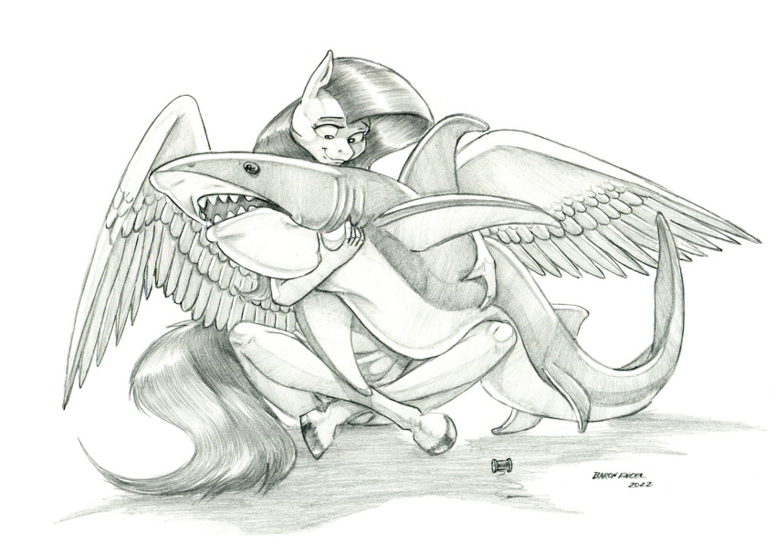 2022 anthro baron_engel clothing crossed_legs equid equine eyebrows feathered_wings feathers female fish fluttershy_(mlp) friendship_is_magic graphite_(artwork) great_white_shark greyscale hair hasbro holding_object hooves lamnid lamniform long_hair mammal marine monochrome my_little_pony pegasus pencil_(artwork) plushie sewing_needle shark sitting solo traditional_media_(artwork) wings