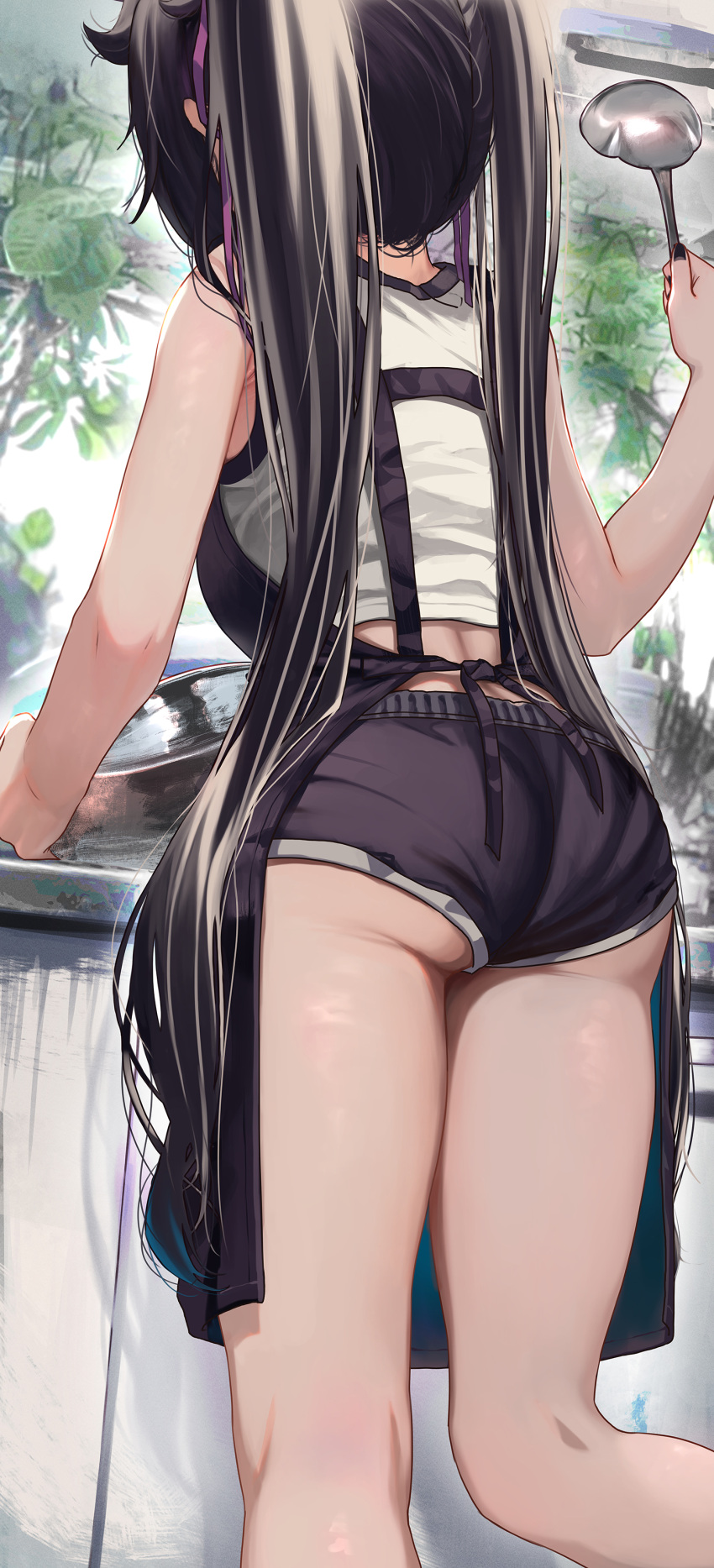 1girl absurdres apron ass bare_arms bare_shoulders black_apron black_hair black_nails black_shorts commentary_request facing_away feet_out_of_frame hair_ribbon highres holding long_hair nail_polish original priite_hari_(torriet) purple_ribbon ribbon shiny shiny_hair shirt short_shorts shorts solo standing torriet twintails white_shirt