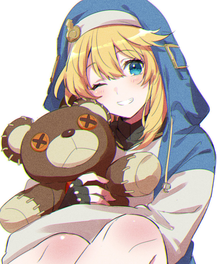 1boy blonde_hair blue_eyes blush bridget_(guilty_gear) fingerless_gloves fujisaki_(hjsk) gloves guilty_gear guilty_gear_strive highres holding hug long_hair looking_at_viewer male_focus one_eye_closed otoko_no_ko roger_(guilty_gear) simple_background smile solo stuffed_animal stuffed_toy teddy_bear