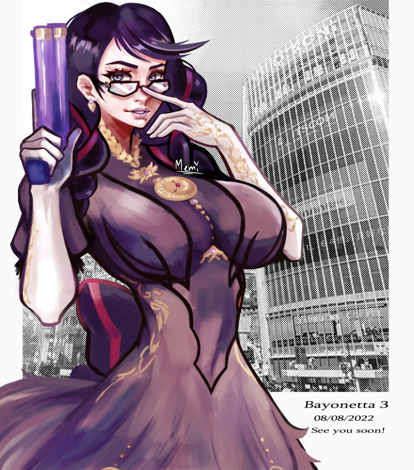 1girl artist_request bayonetta bayonetta_(series) bayonetta_3 black_hair braid clothing_cutout earrings eyeshadow glasses gloves gun highres jewelry lipstick long_hair looking_at_viewer makeup mole mole_under_mouth multicolored_hair red_hair ribbon simple_background smile solo streaked_hair twin_braids weapon