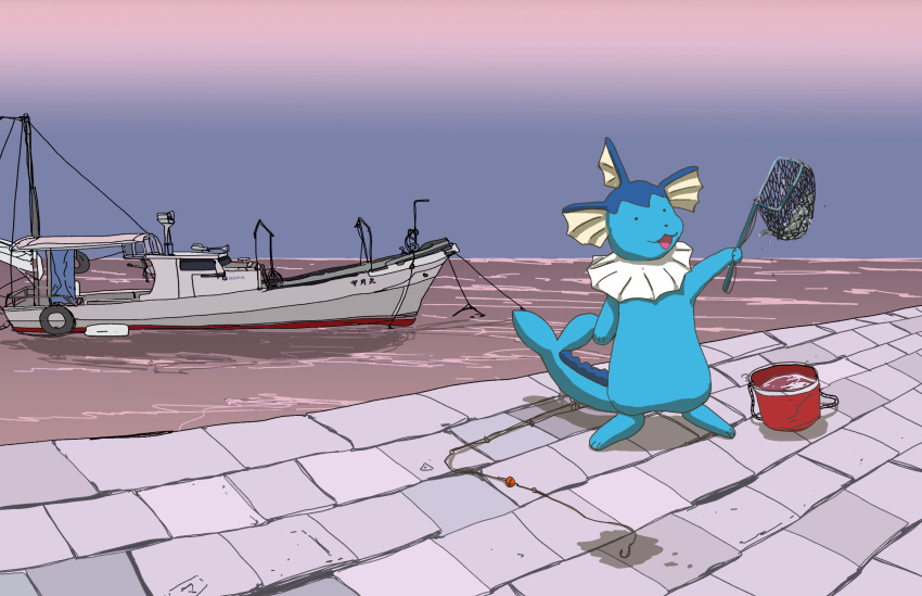 2022 ambiguous_gender anthro blue_body blue_tail boat brick_floor bucket canopy container digital_media_(artwork) dolphin_tail dot_eyes dot_nose eeveelution fish fish_hook fishing_line fishing_net fishing_rod frill_(anatomy) geboku hi_res japanese_text marine nintendo open_mouth pink_sky pok&eacute;mon pok&eacute;mon_(species) solo text vaporeon vehicle video_games water watercraft wave window