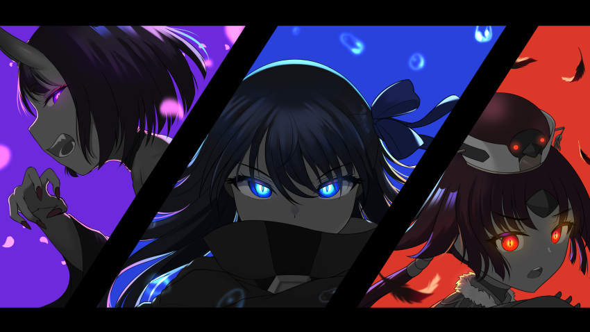 3girls absurdres benienma_(fate) blue_background blue_eyes fang fate/grand_order fate_(series) feathers fingernails glowing glowing_eyes hair_ribbon hat highres horns jifuwabe letterboxed low_ponytail meltryllis_(fate) multiple_girls oni_horns purple_background purple_eyes red_background red_eyes ribbon sharp_fingernails shuten_douji_(fate)