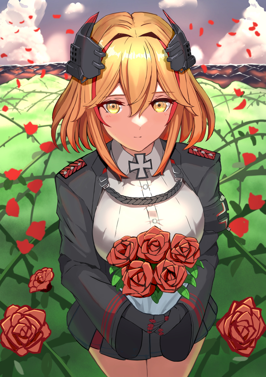 1girl absurdres azur_lane black_gloves black_jacket black_skirt blonde_hair bouquet breasts cross flower from_above gloves grey_shirt headgear highres holding holding_bouquet iron_cross jacket large_breasts miniskirt multicolored_hair namazake outdoors red_flower red_hair red_rose roon_(azur_lane) rose shirt skirt solo standing streaked_hair two-tone_hair yellow_eyes