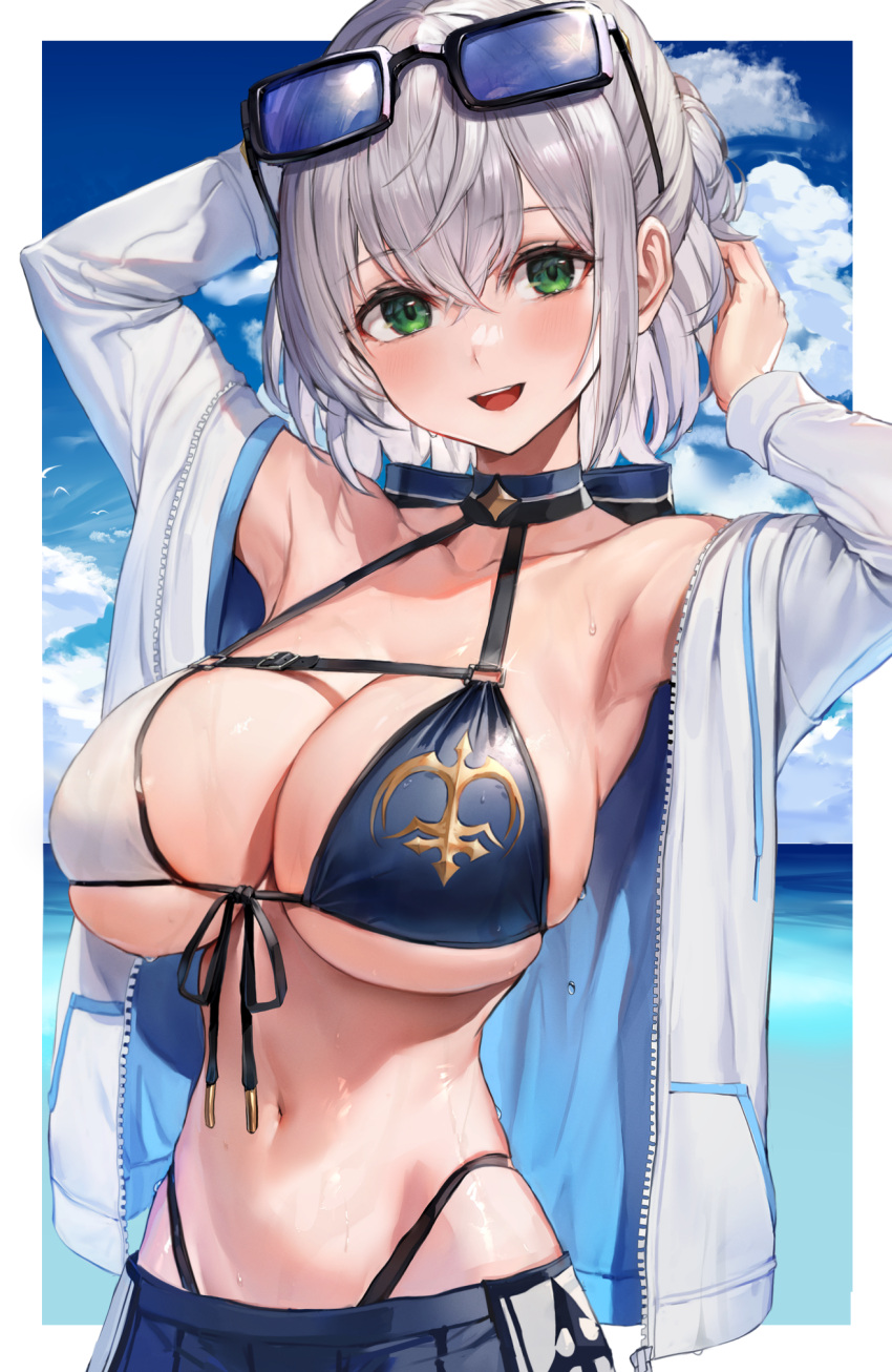 1girl :d arm_behind_head armpits arms_up bangs bikini blue_bikini blue_sky blush breasts cleavage cloud collarbone crossed_bangs day eyewear_on_head front-tie_bikini front-tie_top green_eyes grey_hair hair_between_eyes highleg highres hololive jacket large_breasts long_sleeves looking_at_viewer medium_hair navel ocean open_clothes open_jacket open_mouth shirogane_noel sky smile solo stomach sunglasses sweat swimsuit upper_body virtual_youtuber watao white_bikini white_jacket