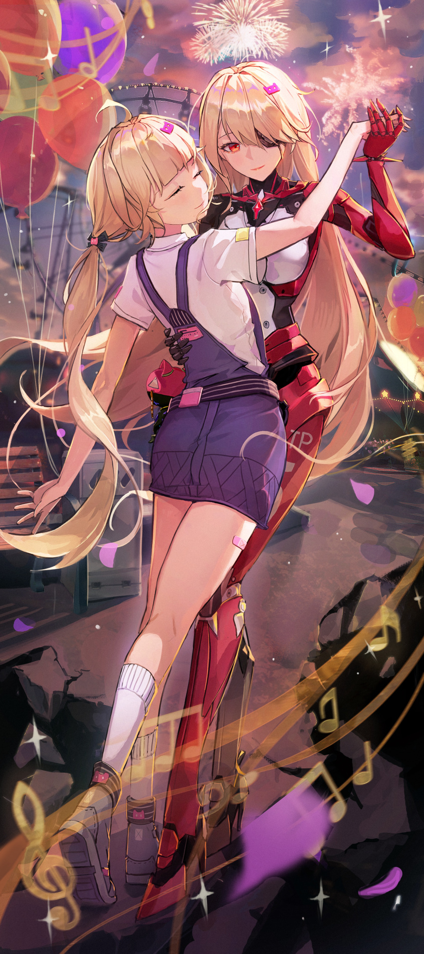 2girls absurdres blonde_hair blue_sky closed_eyes closed_mouth cloud cloudy_sky dancing eyepatch facing_to_the_side fireworks full_body highres holding_hands looking_at_viewer multiple_girls nemesis_(tower_of_fantasy) overalls red_eyes shirli_(tower_of_fantasy) sky smile socks tower_of_fantasy twintails xude yuri
