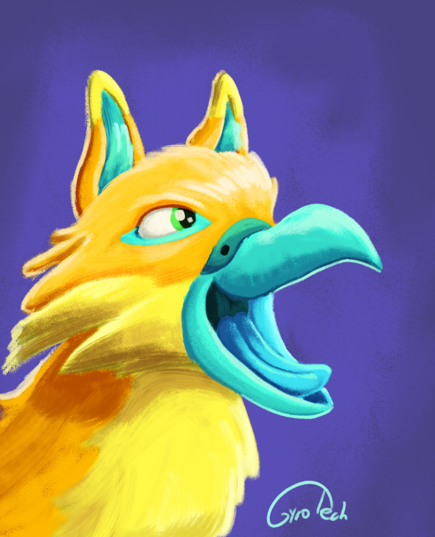 absurd_res avian beak blue_beak blue_markings blue_tongue countershading feathers gryphon gyrotech hi_res markings mythological_avian mythology open_mouth portrait solo tongue yellow_body yellow_feathers