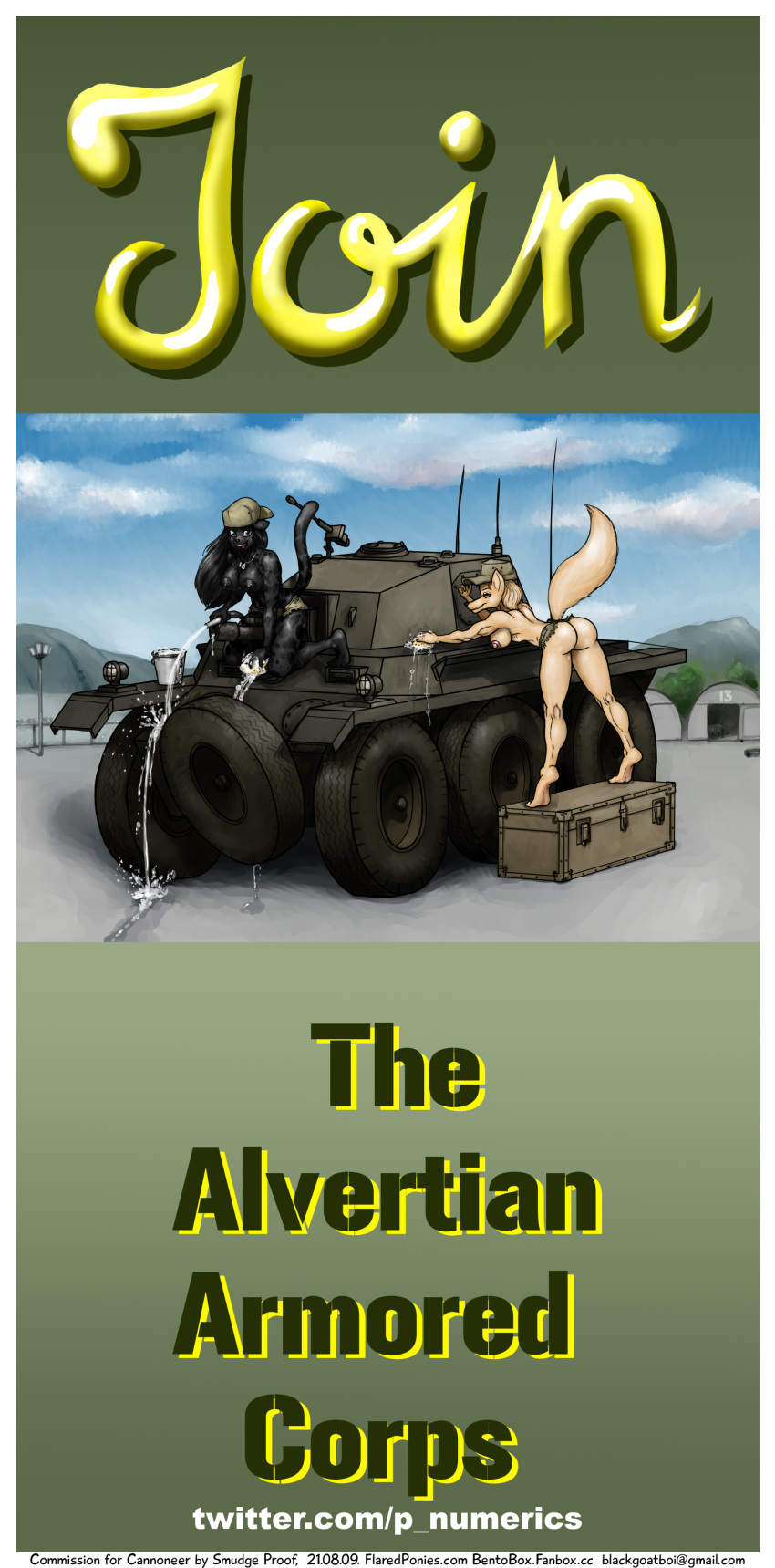 absurd_res ambiguous_gender anthro armored_vehicle bathing breasts butt canid canine car_wash clothing duo exhibitionism felid fennec footlocker fox hat headgear headwear hi_res hose looking_at_viewer mammal military nipples pantherine plantigrade poster propaganda public smudge_proof sponge tank text url vehicle water