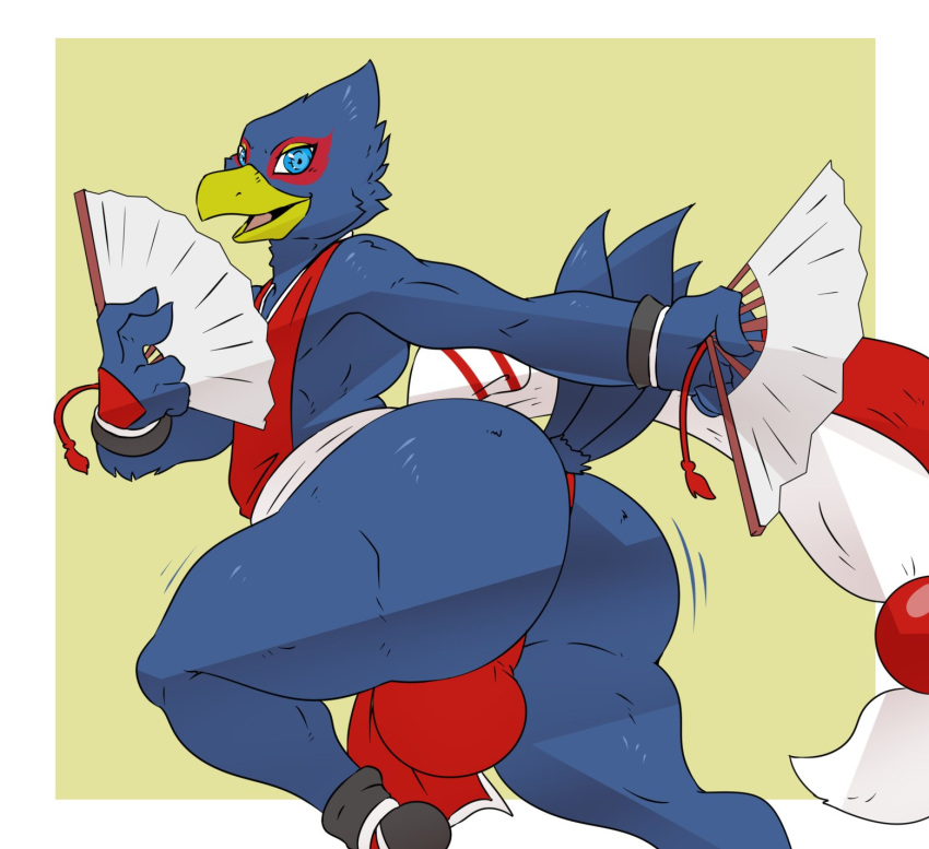 2022 a-side anthro avian beak big_butt bird blue_body blue_feathers bottomwear bulge butt clothed clothing falco_lombardi falcon falconid fan_(disambiguation) feathers hi_res holding_fan holding_object loincloth looking_at_viewer looking_back male nintendo open_mouth rear_view red_clothing smile smiling_at_viewer solo star_fox tail_feathers tongue video_games wide_eyed