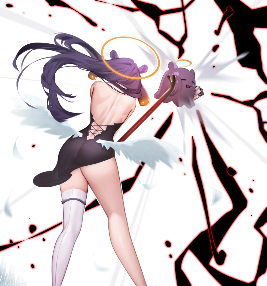1girl ass bare_back crowbar energy facing_away from_behind halo highres hitting hololive legs long_hair low_wings ninomae_ina'nis photo_(object) purple_hair single_thighhigh takodachi_(ninomae_ina'nis) thighhighs tungsten_(kwfr4544) twitter_username virtual_youtuber white_background white_thighhighs wings