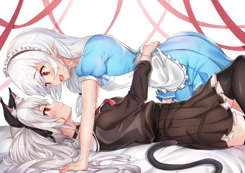2girls all_fours animal_ear_fluff animal_ears apron blush closed_mouth deogho_(liujinzy9854) eye_contact grey_hair looking_at_another maid_apron maid_headdress multiple_girls original parted_lips pointy_ears ribbon tail white_hair yuri