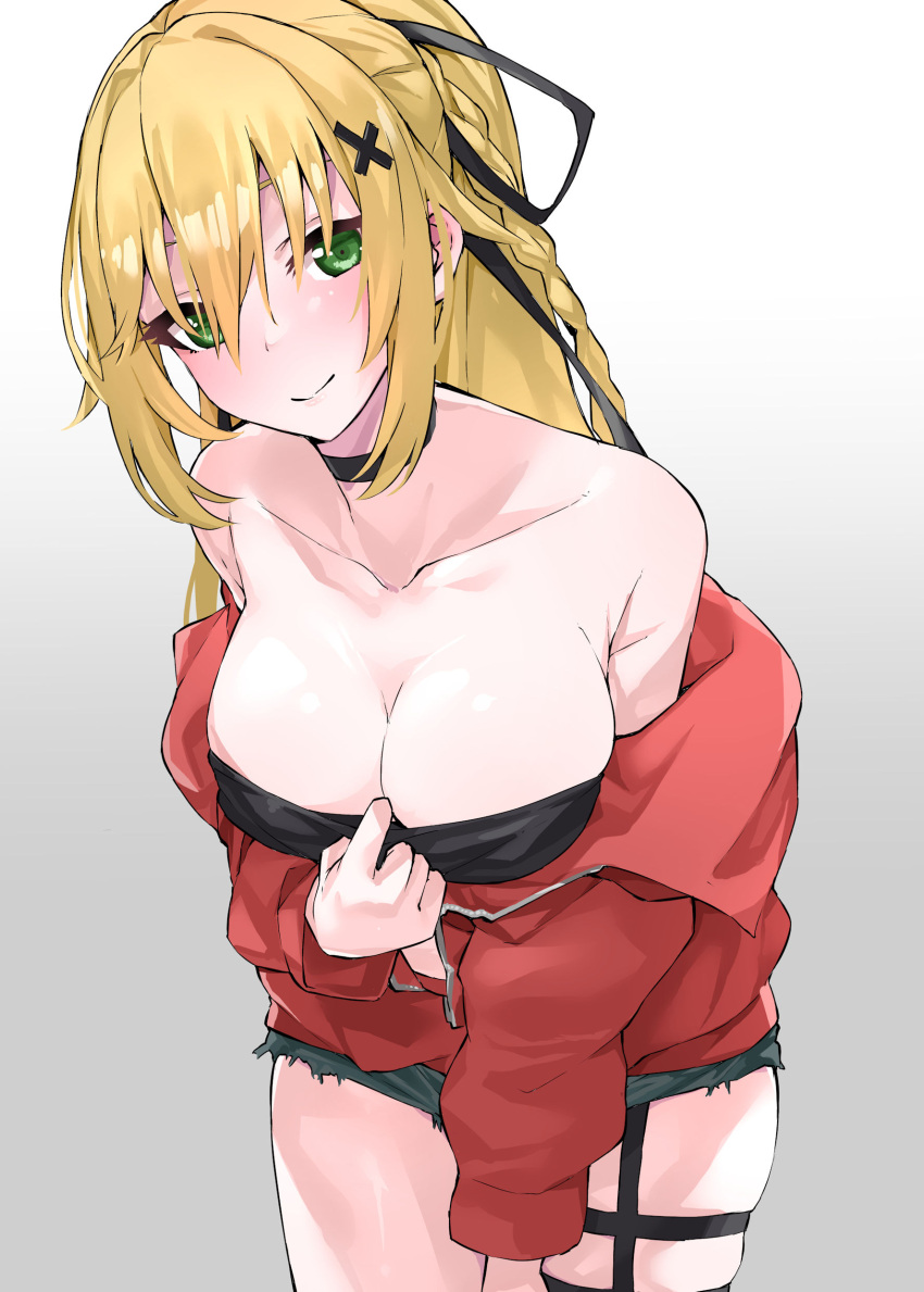 .live 1girl absurdres bandeau bangs bare_shoulders black_ribbon blonde_hair braid breasts cleavage cutoffs french_braid gradient gradient_background green_eyes grey_shorts hair_ornament hair_over_eyes hair_ribbon head_tilt highres jacket kongou_iroha large_breasts leaning_forward long_hair looking_at_viewer micro_shorts off_shoulder open_clothes open_jacket red_jacket ribbon shorts side_braid skindentation smile solo strapless thigh_strap tube_top unzipped very_long_hair virtual_youtuber x_hair_ornament yuukauta zipper