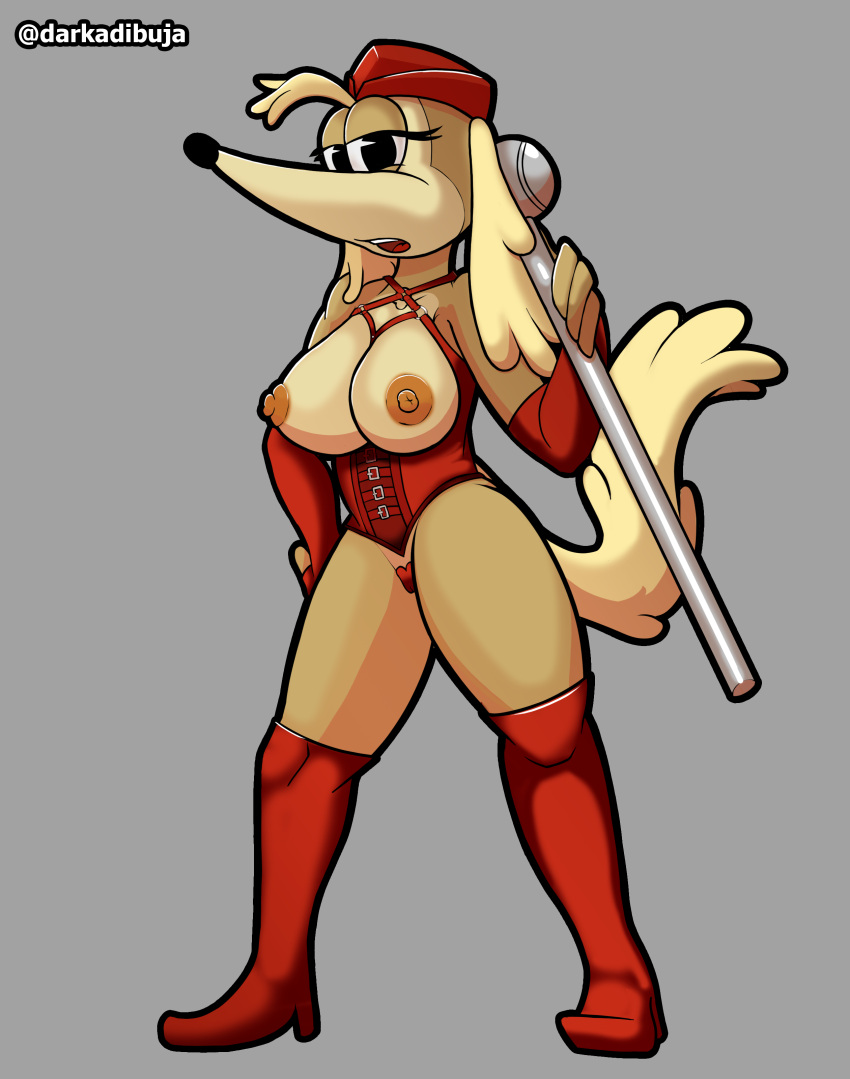 absurd_res anthro big_breasts big_ears breasts canid canine canis clothing corset darkadibuja domestic_dog dominatrix female gloves handwear hi_res latex_gloves latex_stockings lingerie long_ears mammal nipples solo topwear
