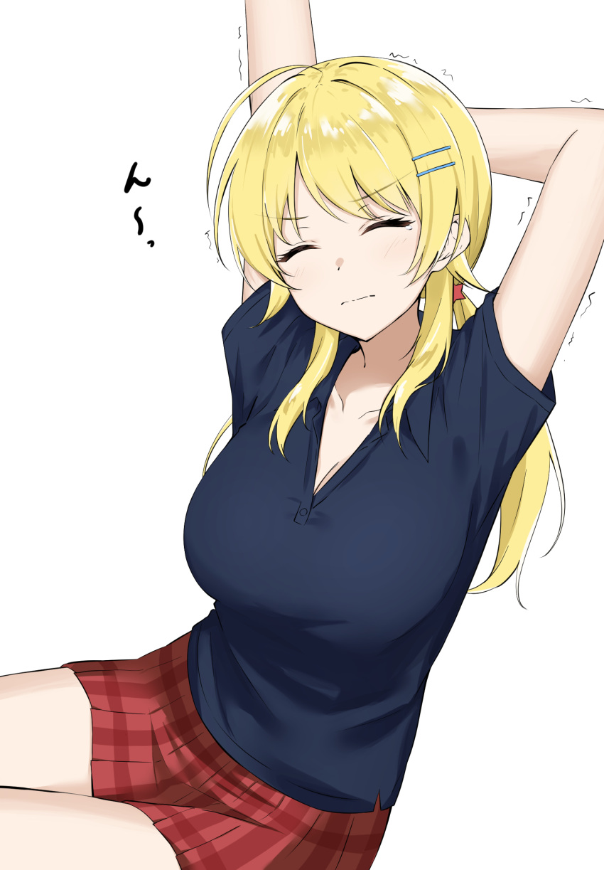 arms_up blonde_hair blue_shirt breasts cleavage closed_eyes hachimiya_meguru hair_ornament hairclip highres idolmaster idolmaster_shiny_colors large_breasts medium_hair plaid plaid_skirt polo_shirt red_skirt school_uniform shirt simple_background sitting skirt star_(symbol) star_hair_ornament stretching tennen_inari thighs twintails white_background