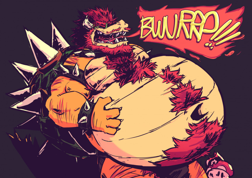 anthro beard body_hair bowser burping chest_hair facial_hair hair hand_on_stomach hungercoyote koopa male mario_bros mature_male muscular muscular_male nintendo open_mouth overweight overweight_male red_hair scalie sharp_teeth solo spikes strongfat teeth video_games