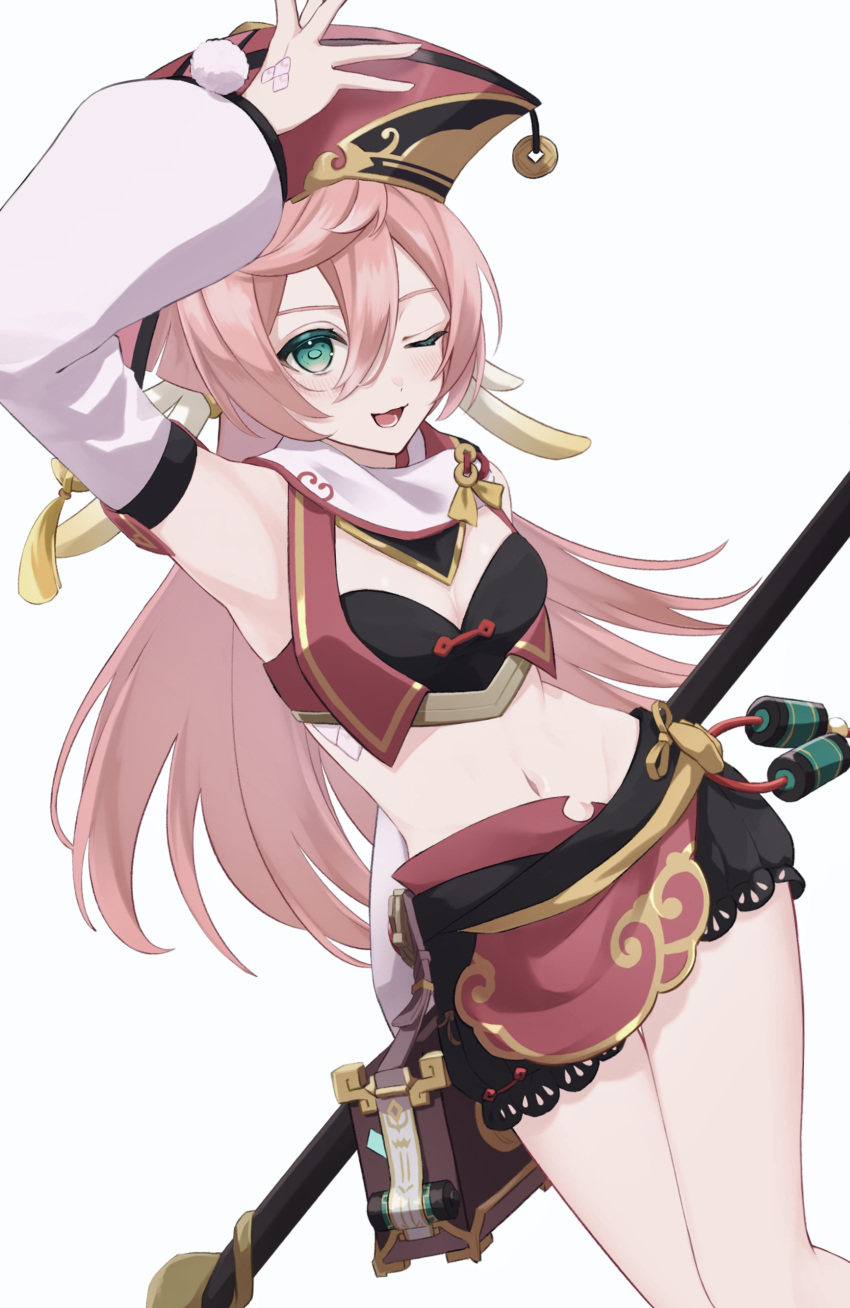 1girl ;d a_m7_20 absurdres arm_up armpits bangs bare_shoulders black_bloomers bloomers breasts cleavage commentary_request cowboy_shot crop_top detached_sleeves genshin_impact green_eyes groin hair_between_eyes highres long_hair long_sleeves looking_at_viewer midriff navel one_eye_closed open_mouth partial_commentary pink_hair pom_pom_(clothes) red_headwear simple_background small_breasts smile solo stomach thighs underwear very_long_hair white_background yanfei_(genshin_impact)