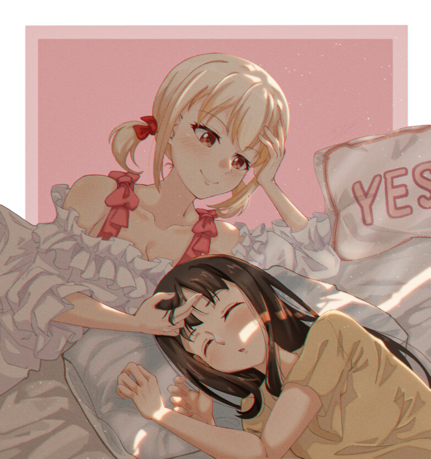 2girls absurdres alternate_hairstyle bed black_hair blonde_hair blush border bow breasts cleavage closed_eyes collarbone dress frilled_dress frills hair_bow highres iicecall inoue_takina long_hair looking_at_another lycoris_recoil medium_hair multiple_girls nishikigi_chisato pillow pink_border playing_with_another's_hair shirt sleeping smile sunlight t-shirt twintails yellow_eyes yes-no_pillow yuri